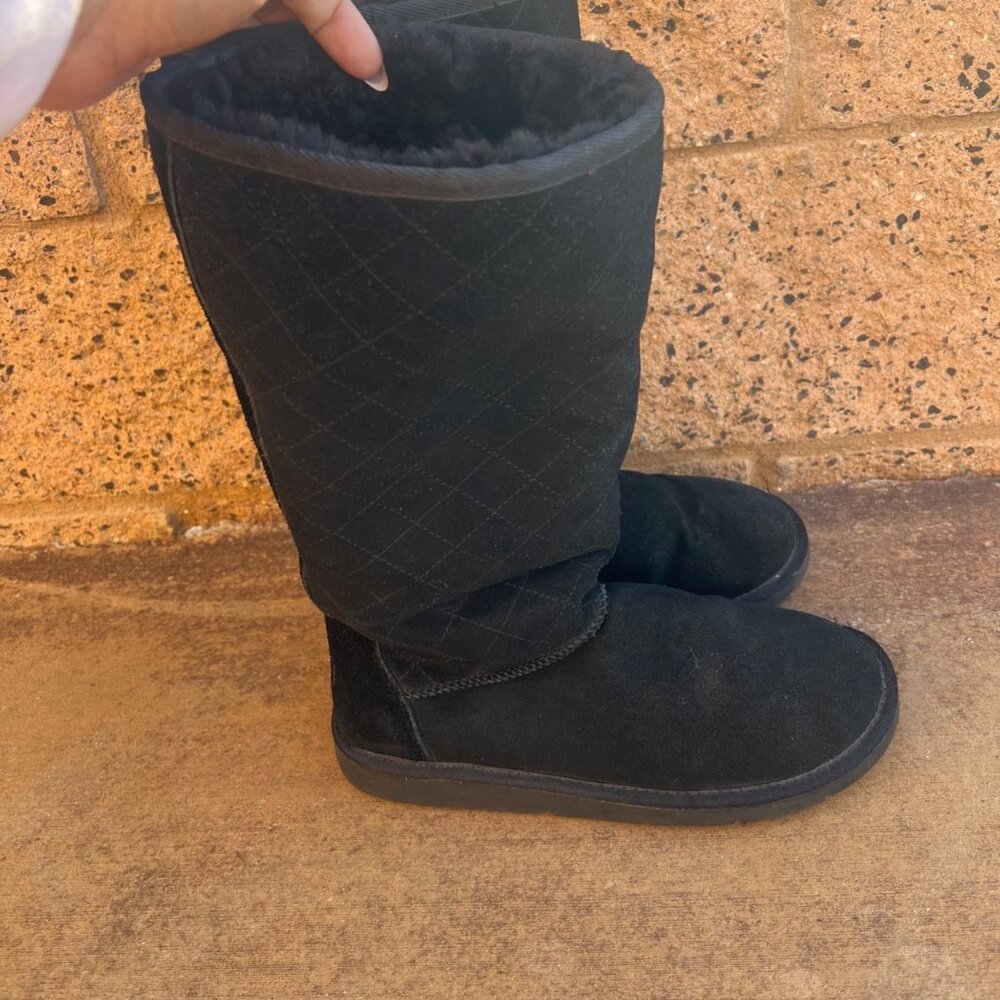 Ugg Australia Tall Boots Sz 10 Women Black Suede Leather Diamond Quilted 5342
